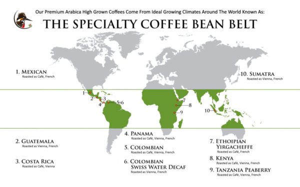 A map of the world with the names of coffee beans.