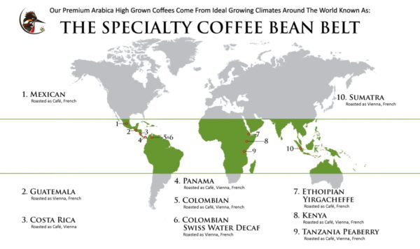 A map of the world with coffee beans in each country.